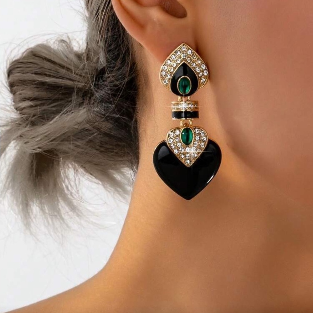 Veloura Black & Gold Rhinestone Heart Earrings